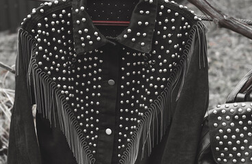 Stylish stuff, fashion of 80s - 90s time, elements and detail for outfits, black denim jacket  