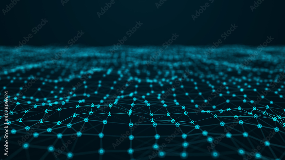 Poster network of bright connected dots and lines. abstract dynamic wave of many points. digital background