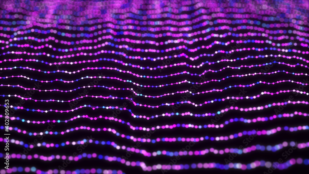 Poster network of bright connected dots and lines. abstract dynamic wave of many points. digital background