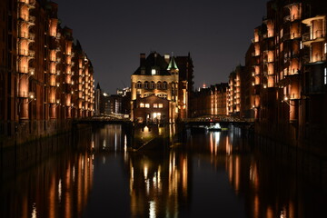 Speicherstadt in Hamburg at night.