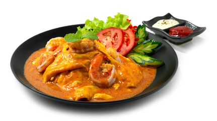 Creamy Omelet with Shrimps Tom Yum Sauce on Rice