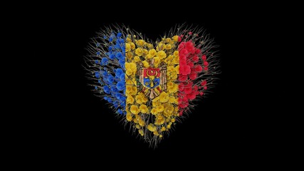 Moldova National Day. August 27. Statehood Day. Heart shape made out of flowers on black background. 3D rendering.