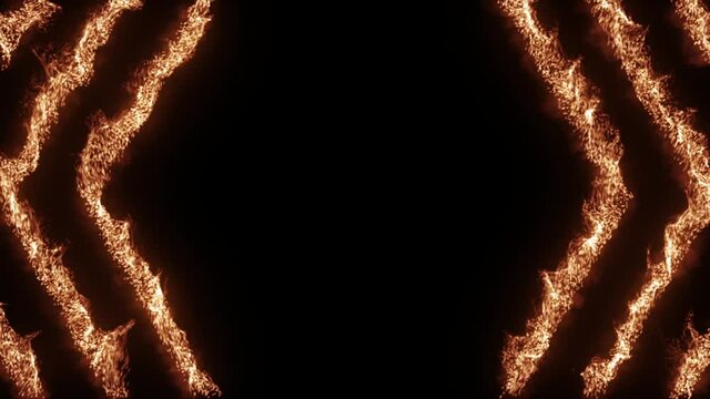 HOT OFFER. Burning abstract seamless looped hexagon animated frame on black background. Dynamic fire honeycomb shaped lines border animation. Text box template BBQ party menu. Glowing realistic arrows