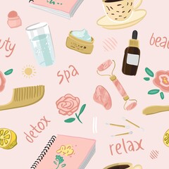 Seamless pattern with symbols for the morning routine isolated on pink. Background with elements of beauty detox, face mask, roller, tonic for wallpaper, wrapping paper. Cartoon vector illustratio