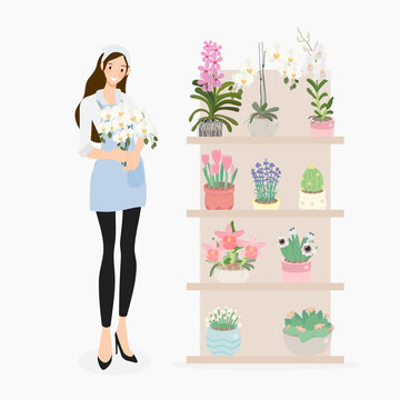 cute young woman florist in flower shop  isolated on light grey background