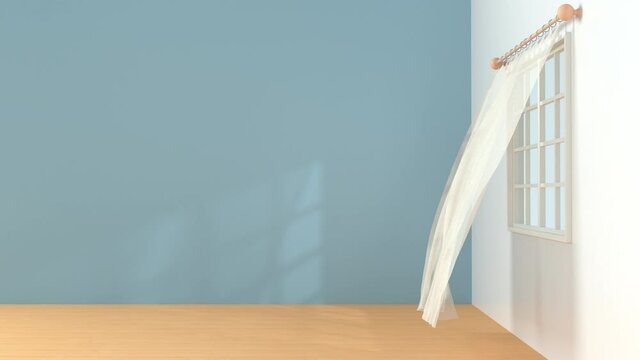 Loop animation of the blowing curtain, interior background, 3d rendering.