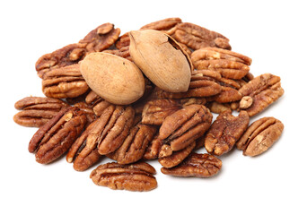 Peeled pecan nuts closeup, isolated on white background