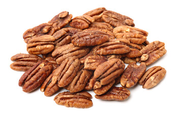 Peeled pecan nuts closeup, isolated on white background