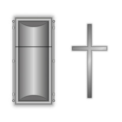 Closed coffin and catholic cross gray color realistic 3d vector model isolated on white background top view.