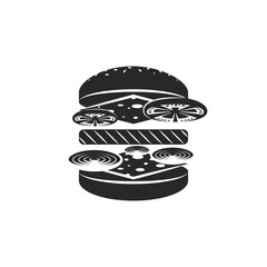 Hamburger logo, black and white emblem cheeseburger menu minimal style, burger ingredients in isometric cutlet, cheese, slices of tomato and onion.