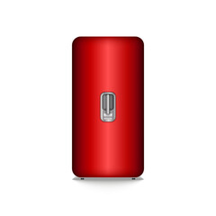 Red old closed home refrigerator with mechanical handle vector, 3d model for kitchen interior isolated on white.