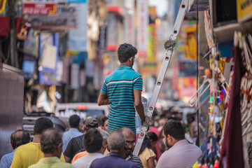 COLOMBO, SRI LANKA - APRIL 03, 2019: Street near the Pettah Market or Manning Market. Pettah Market located in the suburb of Pettah in Colombo, Sri Lanka.