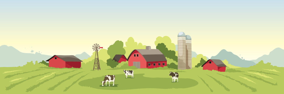 Abstract rural landscape with farm house. Vector illustration, fields and meadows and cow.