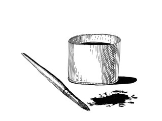 Vintage sketch paint brush and paint can hand drawing on white background