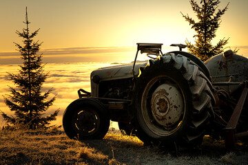 Silhouette of an old tractor parked on a hilltop above dense fog in the valley below. 