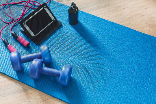 Fitness at home, remote training with virtual instructor. Woman in sportswear sitting on the floor with dumbbells laptop at home. Sports and recreation concept in lockdown with fitness apps online