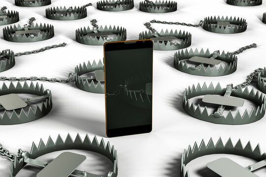 Close up of smartphone or mobile phone prowling around multiple metal animal traps with metal chains on white background. Protection or security or information privacy concept. 3D illustration