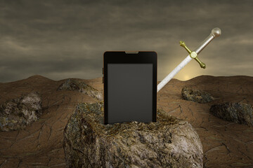Excalibur in a phone on stone at sunset day. Protection or technology security or activation mobile or authentication for use or network protection or information privacy idea concept. 3D Render