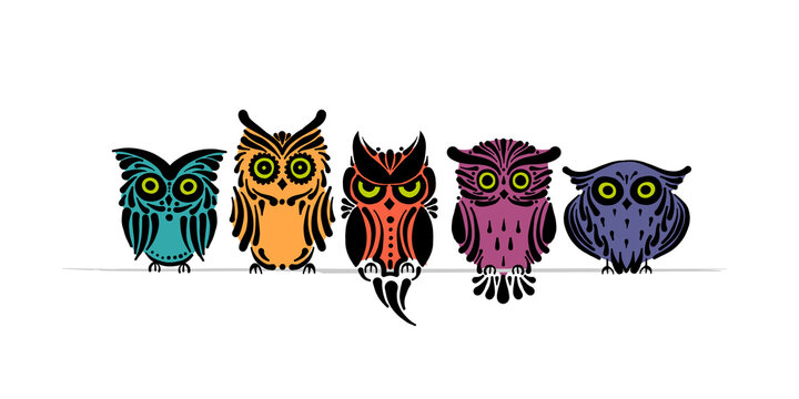Cute owls family. Colorful style for your design