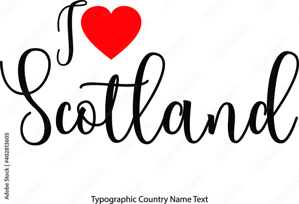 Aufkleber i love scotland country name in hand written typescript text with red heart icon