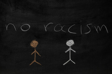 the words "no racism" and sketch of two people written on a blackboard.