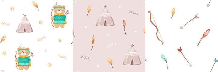 Vector seamless patterns collection with colorful feathers, bow, arrows, bears, teepee. Illustrations set in cartoon style. Good for children indian textile design projects. © Marina