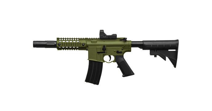 Air rifle isolate on a white back. A copy of a real military carbine. Weapons for sports and entertainment. Not a lethal weapon.