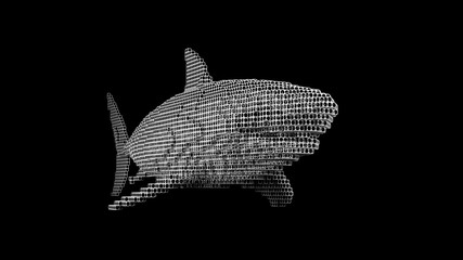 A shark made of many cubes on a black uniform background. Constructor of cubic elements. Art of the wild animal world in modern performance. 3d rendering.