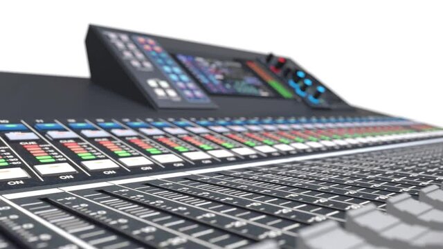 Medium-sized grey mixing console for Studio work and live performances on a white background. Video with alpha channel. 3d rendering.