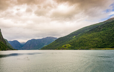 Scenic view of the fjord and rocks in the summer.