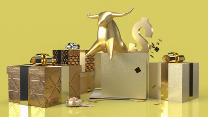The gold bull in gift box surprise for business content 3d rendering