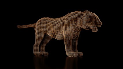 A tiger made of many cubes on a black uniform background. Constructor of cubic elements. Art of the wild animal world in modern performance. 3d rendering.