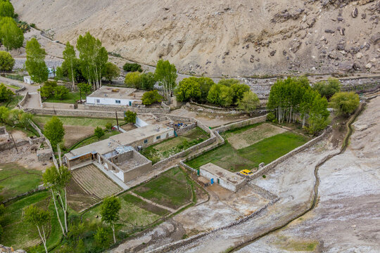 Aerial view of Vrang village in Wakhan valley, Tajikistan
