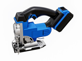 The tool is a blue electric jigsaw on a white isolated background. 3d rendering.