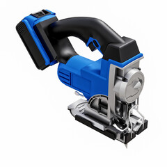 The tool is a blue electric jigsaw on a white isolated background. 3d rendering.