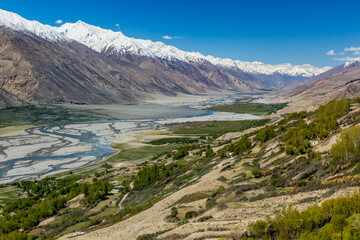 Wakhan valley with Panj river between Tajikistan and Afghanistan