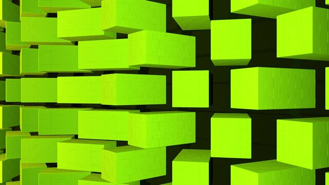 Minimalistic waves pattern made of rotating cubes. Animation. Bright light green brick wall spinning on black background, seamless loop. 