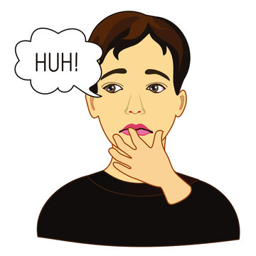 Emoticon with a man puzzled and unhappy look and thinks Hoh, color clip art on white isolated background