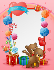 Happy Valentine's day greeting card with two teddy bears cuddling