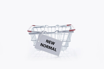 New Normal concept basket shopping online on white background texture, Copy space for text. COVID-19, Coronavirus pandemic..