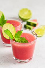 Summer watermelon lime mint cocktail. Space for text.