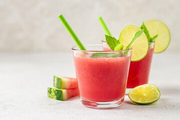 Refreshing watermelon lime mint mocktail. Space for text.