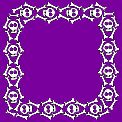 Square frame with skulls and bones. Theme of Day of the Dead and death. Vector border, background of Halloween