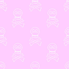 Seamless pattern with human skull and bones. Primitive cartoon style Doodle. Background and texture on theme of Halloween, danger, death, war, poison. For fabric, packaging, party, poster, banner