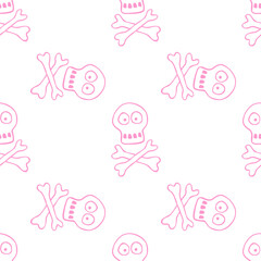 Seamless pattern with human skull and bones. Primitive cartoon style Doodle. Background and texture on theme of Halloween, danger, death, war, poison. For fabric, packaging, party, poster, banner