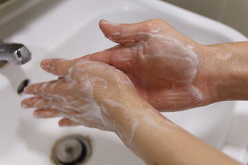 Washing hands rubbing with soap for corona virus prevention. Health care