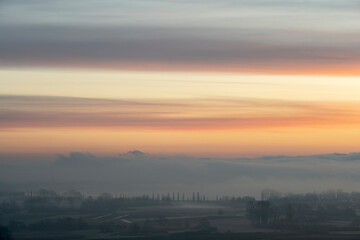 Das Radolfzeller Aachried im Nebel vor Sonnenaufgang