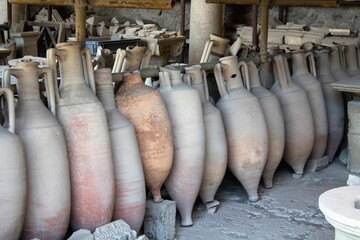 Pompeii, Italy, June 26, 2020 amphorae in an ancient deposit found after the excavations later
to...