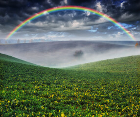 Fototapeta na wymiar Scenic view of rainbow over green field 