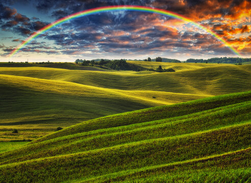 Scenic view of rainbow over green field © sergnester